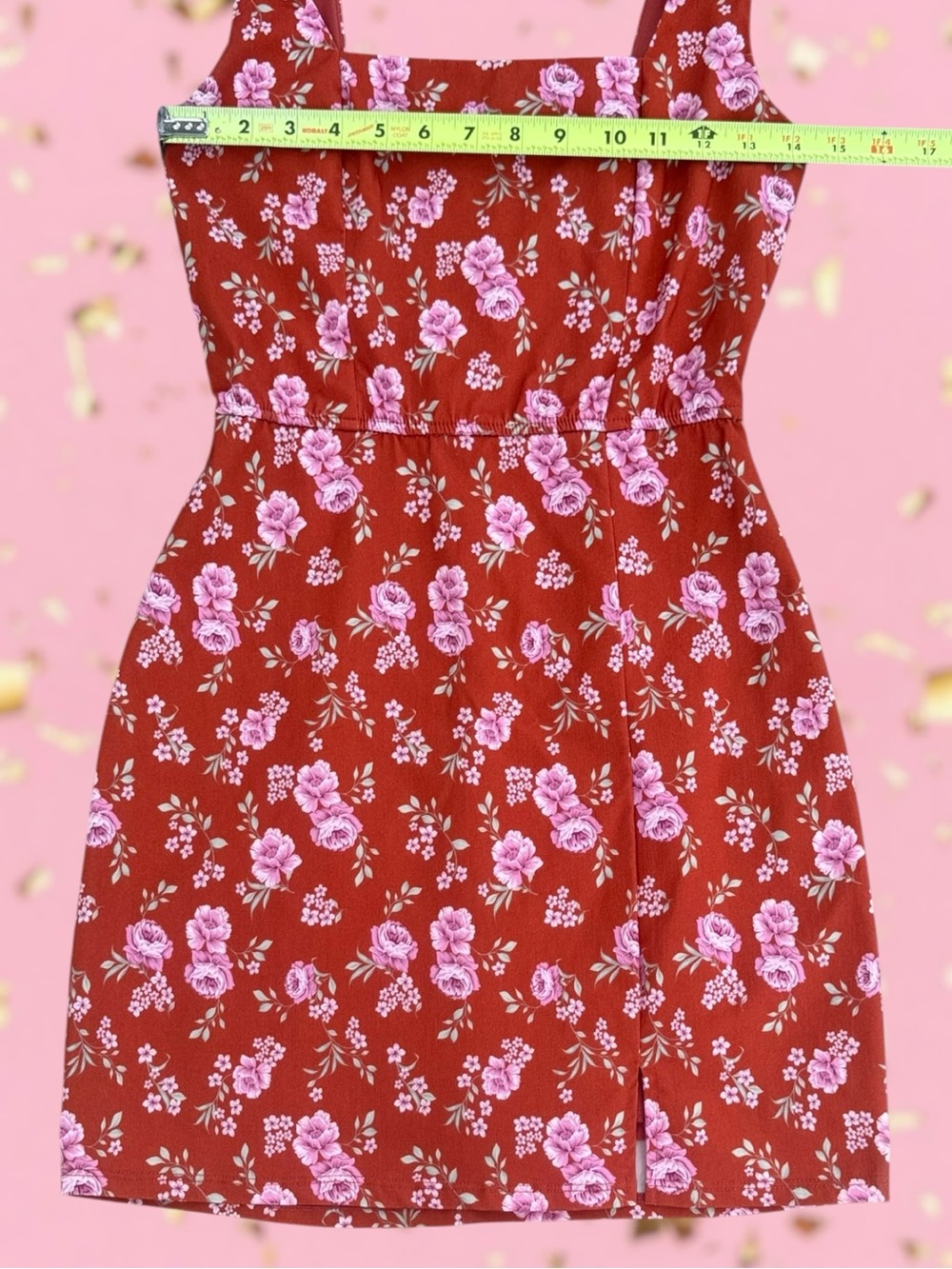 ✨Altar’d State✨Burnt Orange Mini sun dress with pink rose print. - Picture 5 of 8
